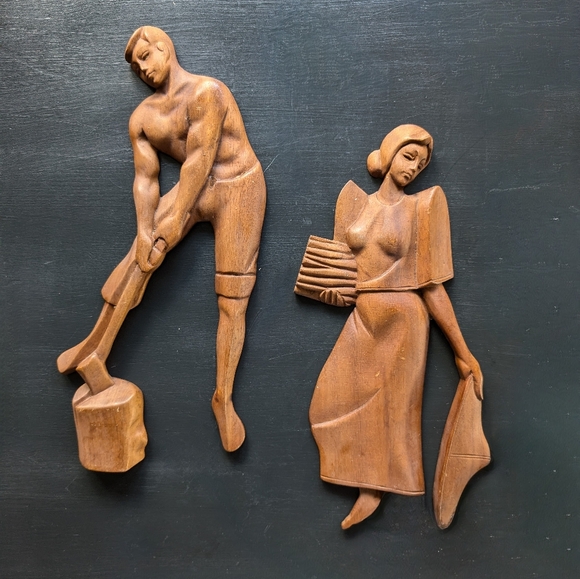 Vintage Mid-Century Asian Carved Wood Wall Relief Art Couple Man Woman - Picture 1 of 8